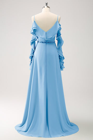 Himmelblå kold skulder A-linje Chiffon lang brudepigekjole med flæser